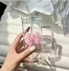 square Colored <b>Lid</b> High Borosilicate High Value Creative Heat-resistant Transparent Glass Straw <b>Cup</b> <b>with</b> Bow - Product Image 6