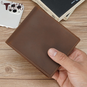 Tiding Retro Genuine Leather Short <b>Wallet</b> <b>RFID</b> Protection Men's Everyday Use Solid Color Laser Logo - Product Image 1