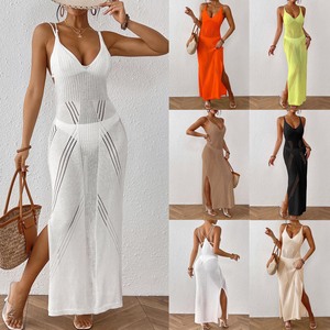 Robe maxi en maille à col en V et fentes latérales, 6 couleurs, transparente, pour femme, tenue de plage, cache-maillot de bain - Product Image 1