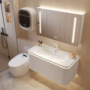 Meuble-lavabo mural intelligent de luxe moderne en MDF et bois massif laqué, finition chêne, avec vasque en céramique, écologique, pour usage hospitalier - Product Image 1
