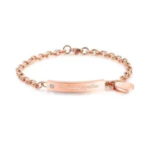 Pulsera de acero inoxidable chapada en oro rosa para mujer, con etiqueta de amor coreana, cadena cuadrada de diamantes en forma de O, accesorios de pulsera