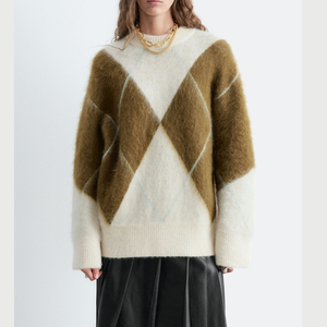 Suéter de punto jacquard con cuello redondo y diseño argyle para mujer, estilo preppy, manga larga. - Product Image 1
