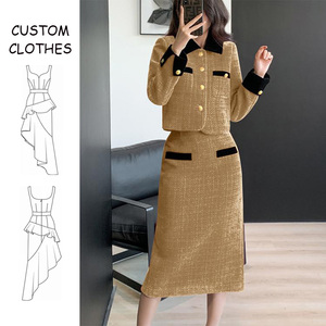 Polyester Casual Autumn Solid Button Pockets Turn Down Collar Khaki Women's Two Pieces Tweed Midi <strong>Skirt</strong> Suit Jackets <strong>Blazer</strong> <strong>Set</strong> - Product Image 1