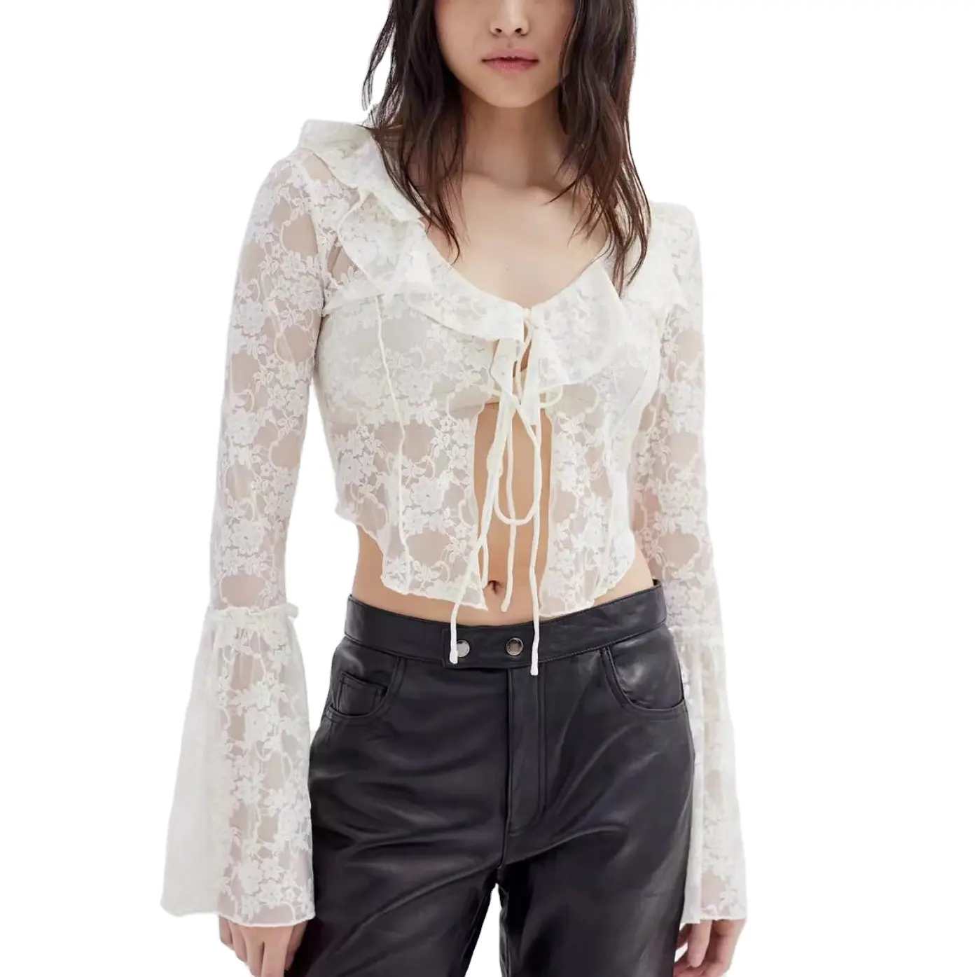 De Mujer Sexy Ruffle Long Sleeve Floral Lace Blouse Scooped Neck Top Women Cropped Lace Blouse