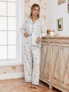 بيجامات قطنية مخصصة بأكمام طويلة ونقشة زهور مع حواف مزخرفة، بيجامات مريحة من الخيزران، ملابس منزلية للنساء، أطقم نوم من المودال - Product Image 2