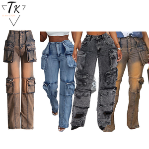 Think 2025 Jeans da donna <span class=keywords><strong>pantaloni</strong></span> in Denim da donna con tasca grande Patchwork a vita alta da donna Jeans <span class=keywords><strong>Cargo</strong></span> da donna in Denim lavato Y2k - Product Image 1