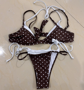 Viviblook Z323ST01 Women Bikini Set Sexy Polka Dot Printed Lace Up Bra Thong Two Piece Set Swimwear Vacation Beach Swimsuit - Product Image 1