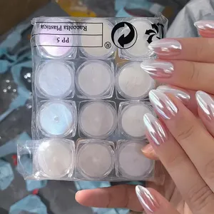 Lot de 12 poudres miroir Aurora blanches pour ongles, 0,3 g/pot, pigment chromé scintillant effet clair de lune pour décorations de manucure au gel UV - Product Image 1
