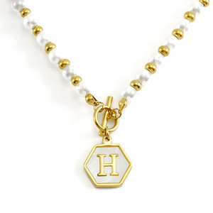 Pearl Chain Necklace Hexagon Pendant Letter B Imitation Pearl Gold Plated Unisex Everyday Wearing - Product Image 5