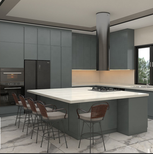 Ensemble de meubles de cuisine modernes et minimalistes avec îlot, finition gris mat, plan de travail en quartz blanc, design sans poignées - Product Image 1