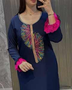 Premium doux Jersey broderie col rond à volants manchette caftan Abaya femmes vêtements quotidiens - Product Image 5