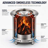 Brasero à bois sans fumée avec déflecteur de chaleur en acier inoxydable et couvercle pare-étincelles pour patio, jardin, camping, feu de camp
