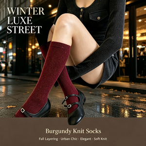 <span class=keywords><strong>Chaussettes</strong></span> mi-mollet en fil d'argent haut de gamme, couleur rouge bordeaux, ajustées, assorties à de petites chaussures en cuir, pour le printemps et l'automne - Product Image 1