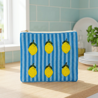Pochette zippée à motif citron perlé, bleu rayé, carrée, en polyester, pour couture, organiseur de cosmétiques, broderie décontractée, sac à usage quotidien