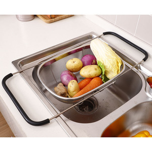 Stainless Steel Vegetable Drain Basket Perforated Telescopic Design Rubber Handle Kitchen <b>Colander</b> Strainer - Product Image 3
