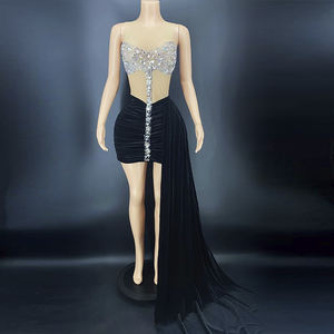 AD1183奢华水钻网眼拼接天鹅绒套装闪亮女士派对舞台表演服装舞会礼服 - Product Image 1