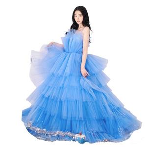 Blue Off Shoulder Tulle Long Skirt Performance Wear For Women Stage Dress Princess Petticoat Style - Product Image 5