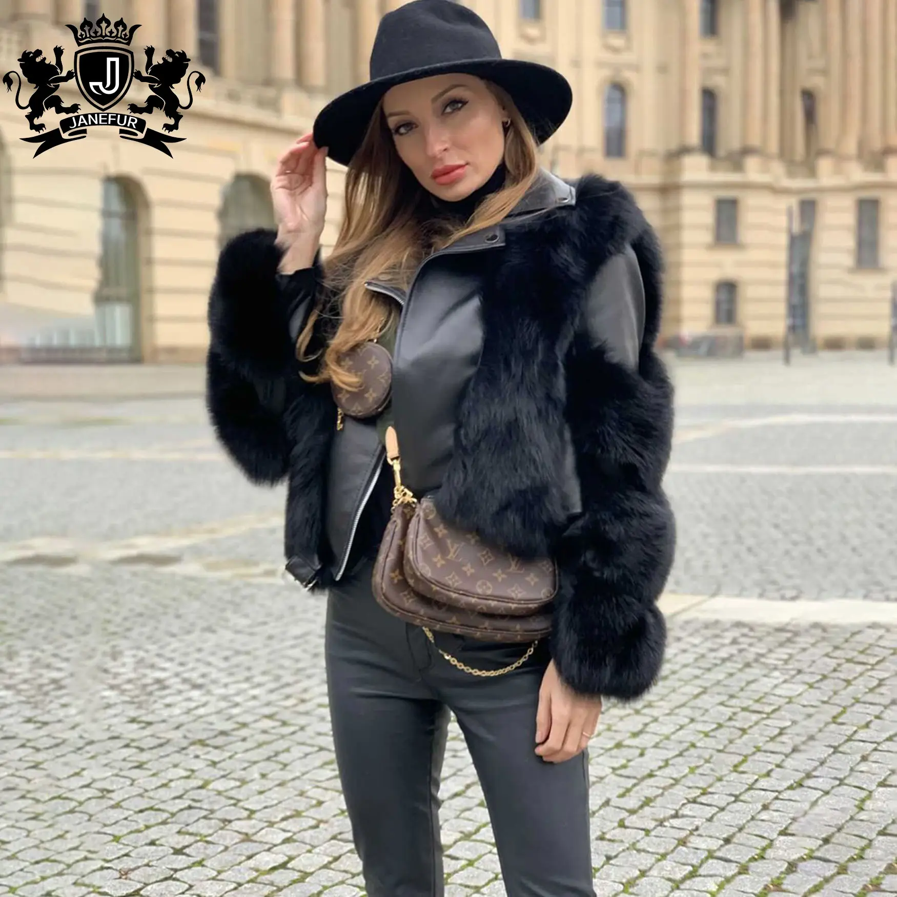 Ladies Real Silver Fox Fur Coat Jacket with Fashion Leather Collar Fur Leather Jacket