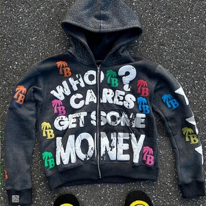 Sudadera con capucha extragrande de algodón 100% para invierno, con cremallera, estampado puff, lavado ácido, efecto desgastado, corte holgado y pedrería, de fabricantes personalizados - Product Image 2