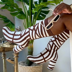 Women Zebra Pattern Knitting Half Knee High <b>Boots</b> High Chunky Round Heels Square Toe Mid Calf Short <b>Boots</b> Back Zipper Shoes - Product Image 2