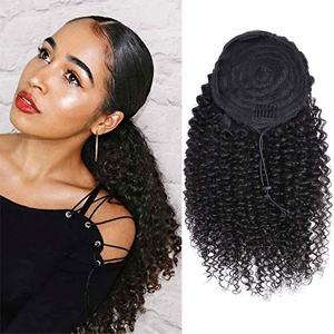 Extensions de queue de cheval bouclées crépues en cheveux humains européens vierges Remy 100 % naturels, couleur noire, 100 g, avec cordon de serrage, vente en gros - Product Image 2