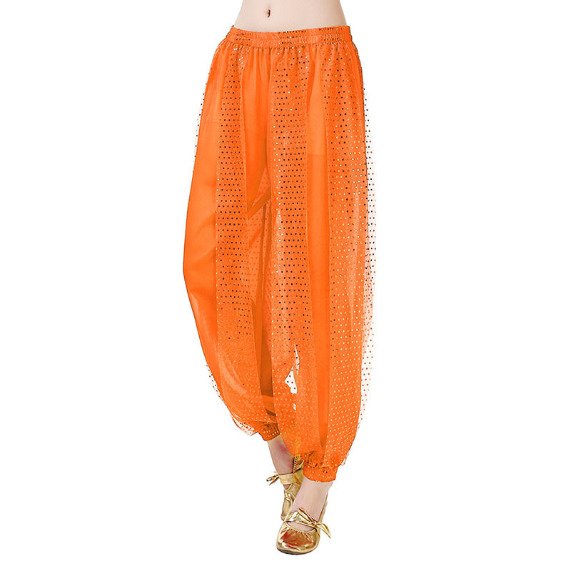 Pantalones bombachos de danza del vientre con lentejuelas naranjas