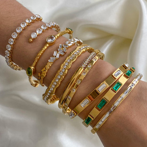 Aretas Bling lujo chapado en oro 316L Acero inoxidable declaración piedra brazalete conjunto grueso hoja patrón para bodas fiestas - Product Image 2