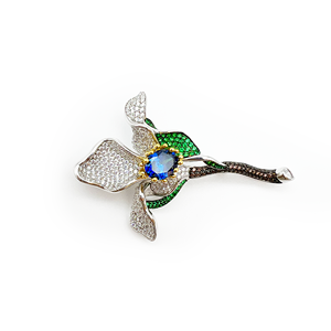 Broche Fleur d'<span class=keywords><strong>Iris</strong></span> en Argent Sterling 925 Plaqué Or, Pierre Précieuse Bleue et Émail Vert avec Pavé CZ, Bijou Élégant d'Inspiration Naturelle - Product Image 1