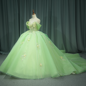 Para 6817 bordado antiestático brillo 3D flor verde arco Quinceañera vestidos hinchados para dulces 16 niñas - Product Image 5