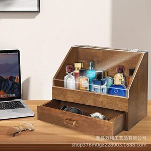 Wooden Storage <b>Box</b> With Drawer Dust Cover For Watches Glasses <b>Makeup</b> Organizer Brown Solid Wood Dressing Table Organizer - Product Image 3