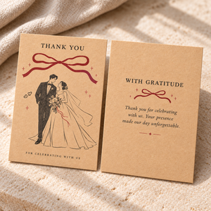 Biglietti di ringraziamento personalizzati in carta kraft per matrimonio, disegno a righe sposa e sposo con motivo fiocco rosso, biglietti di ringraziamento per souvenir di matrimonio - Product Image 3