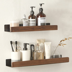 Étagère murale en bois massif à 2 niveaux avec support en fer, installation sans perçage pour salle de bain, cuisine, salon - Product Image 1