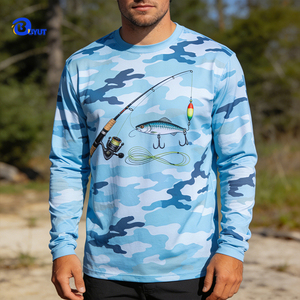 T-shirt Stampata a Sublimazione Effetto Ghiaccio Traspirante e Assorbente Collo Tondo Manica Lunga Abbigliamento da Pesca 85% Poliestere 15% Spandex - Product Image 1