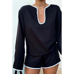 Black Ladina Flared <b>Linen</b> 2-Piece <b>Shorts</b> Set for <b>Women</b> Above <b>Knee</b> <b>Length</b> for Summer and Winter - Product Image 5