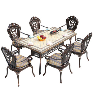 Outdoor Cast Aluminum <b>Table</b> Set With Marble Top 6 Chairs Traditional Style For Courtyard Patio <b>Balcony</b> Durable Waterproof - Product Image 1