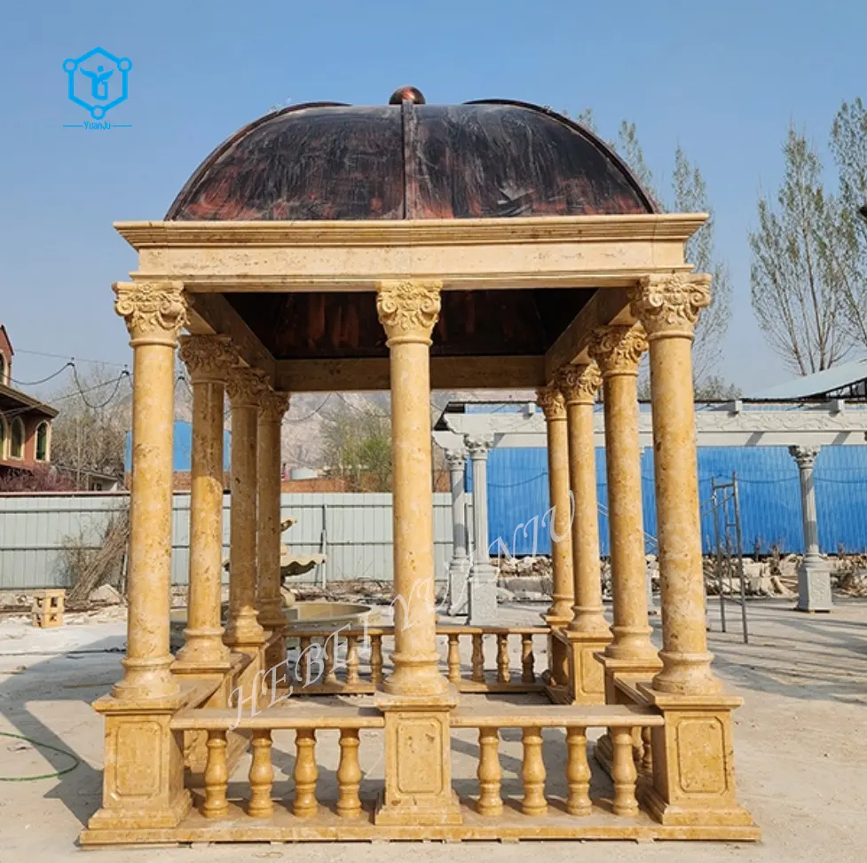 YUANJU grand gazebo extérieur de pilier de pierre de marbre fort sculpté à la main avec dessus en fer