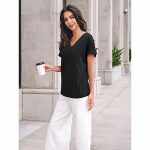 2025 femmes 2025 printemps mince Style mignon basique tenues à la mode col en v à manches courtes T-Shirt respirant été hauts - Product Image 1