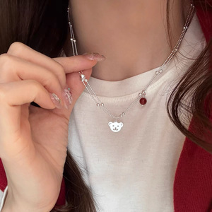 Collar con colgante de oso de doble capa de plata de ley S925 con ágata roja para mujer, joyería elegante para regalo - Product Image 2