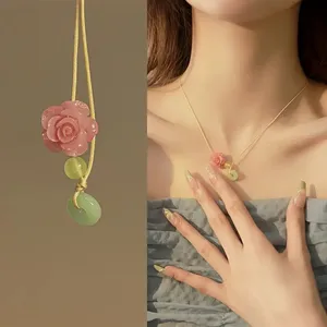 Pink Rose Flower Pendant Necklaces Peace Buckle Clavicle Chains Fashion Choker Jewelry