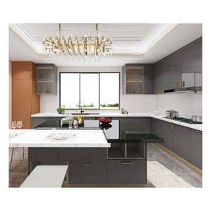 Gabinetes de Cocina Modernos de Madera de Pino Maciza con Acabado Gris Brillante Estilo Europeo, con Puertas de MDF Resistentes al Agua para Uso en la Cocina - Product Image 1