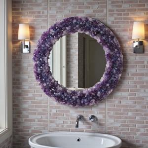 Amethyst Crystal Stone Round Wall <b>Hanging</b> <b>Mirror</b> with Unique Glass Purple Geode Modern <b>Bathroom</b> Wall Decor - Product Image 2