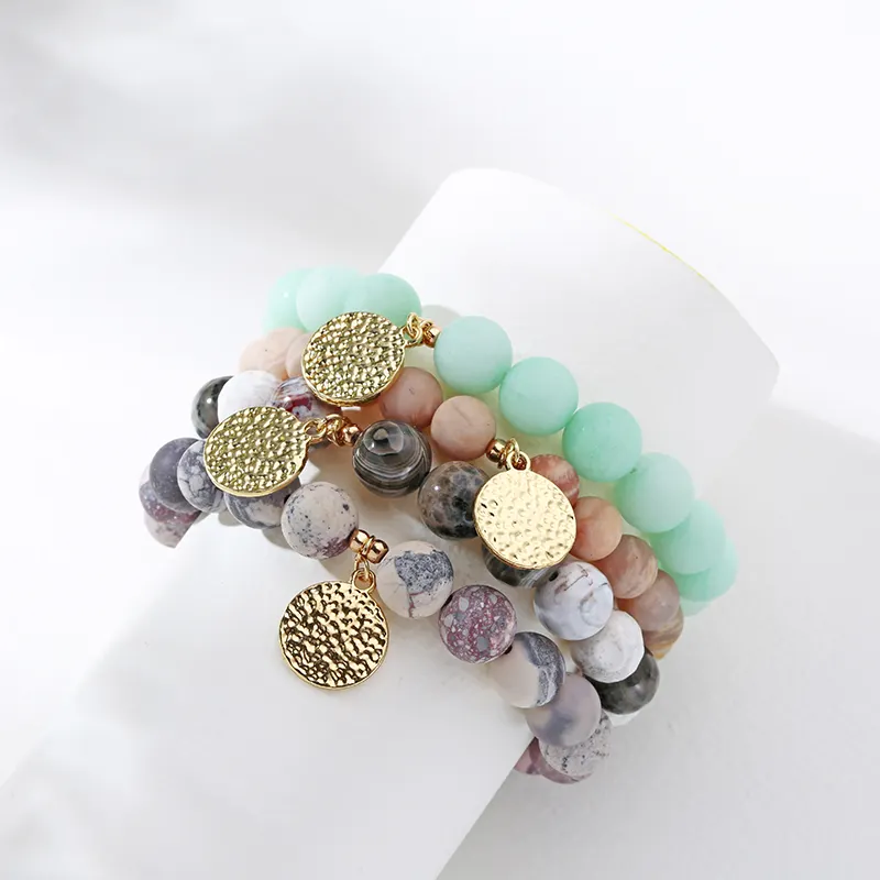 Boho สร้อยข้อมือหินธรรมชาติ10มม. พร้อมเหรียญทอง,สร้อยข้อมือลูกปัดอาเกตเหลี่ยมเพชรพลอยสร้อยข้อมือสแต็คสำหรับผู้หญิงของขวัญมิตรภาพ