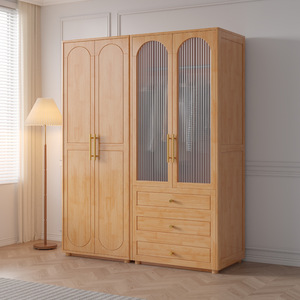 Minimalist Solid Wood Wardrobe Combination Double Door Freestanding Bedroom Cabinet With Glass Panels And <b>Drawers</b> - Product Image 1