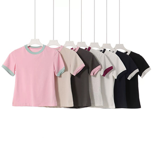 2025 nueva tendencia mujer Slim Fit cuello en V camiseta Color contraste Casual manga corta para Petite - Product Image 1