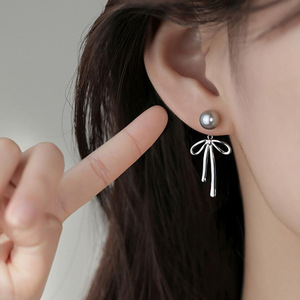 Nouvelles Boucles d'Oreilles Pendante Longues Grises en Perles avec Nœud Élégant et Simple, Style Coréen Tendance, pour Femme, Bijoux Féeriques en Métal Doux et Esthétique - Product Image 1