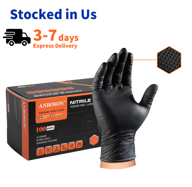 Heavy Duty Chemical Resistant Diamond Textured 8 Mil 10 Mil Mechanic Safety Work 100 Pcs Box Disposable Black Nitrile Gloves