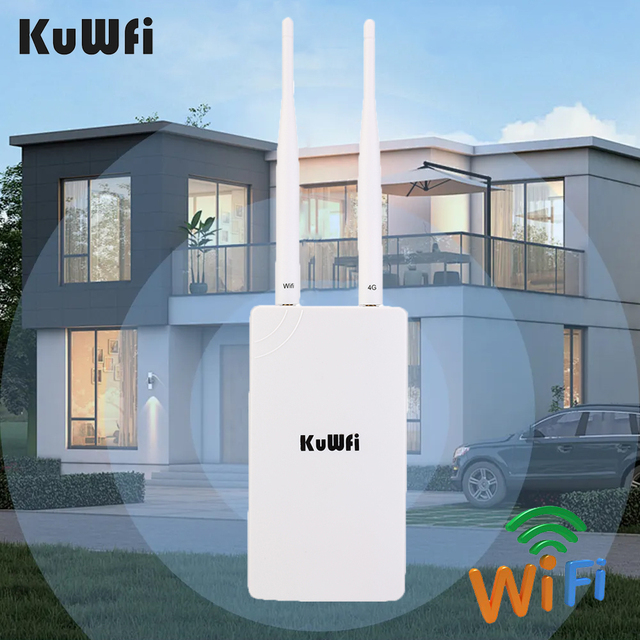 Outdoor 4G KuWFi High Speed 300Mbps Sim Card Router RJ45 Port White Outdoor 4g Lte Wifi Router for Ip Camera