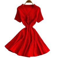 Robe tricotée à col en V et manches courtes, motif floral bouclé, pour le commerce transfrontalier, nouvelle collection 2026, coupe ajustée amincissante, plissée, ligne A, pour femme