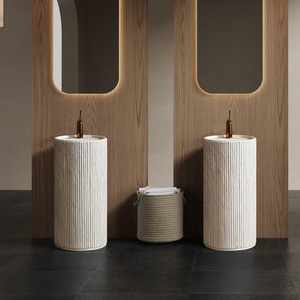 Lavabo sur pied en pierre artificielle beige travertin de luxe moderne, <span class=keywords><strong>design</strong></span> cannelé, pour salle de bain - Product Image 4