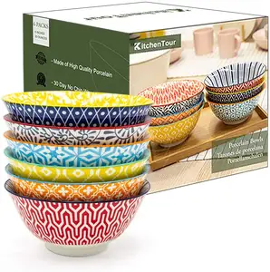 Ceramic Bowls Assorted Colorful Design Set of 6 Microwave Dishwasher Safe
